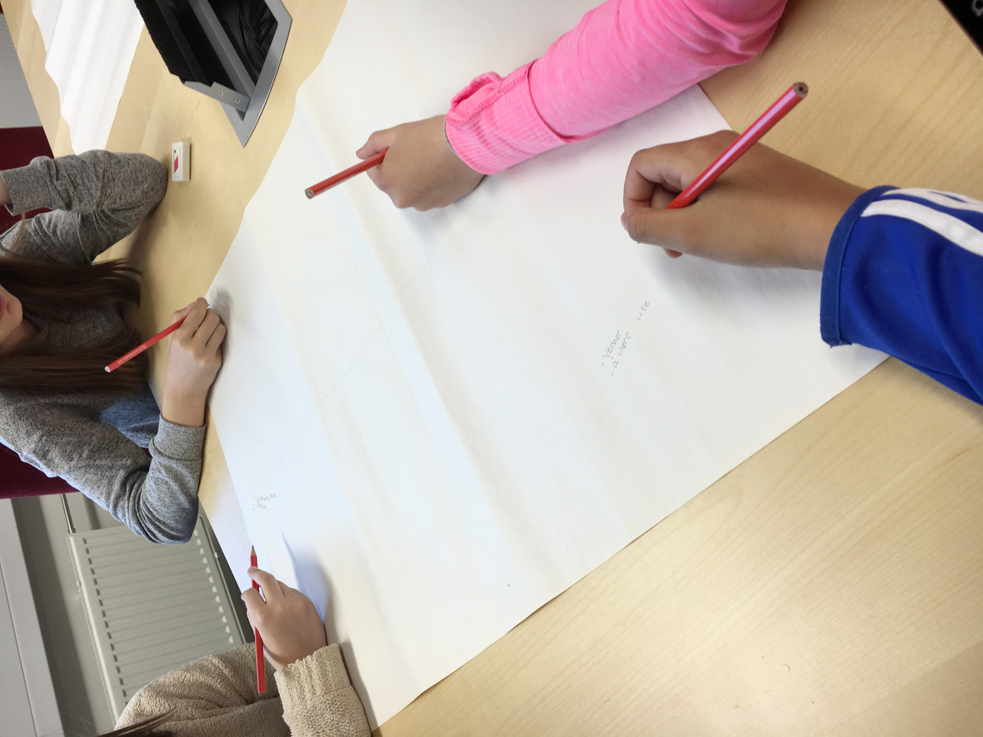 Fire barneskolelever skriver i hver sin ende av et flipover-ark