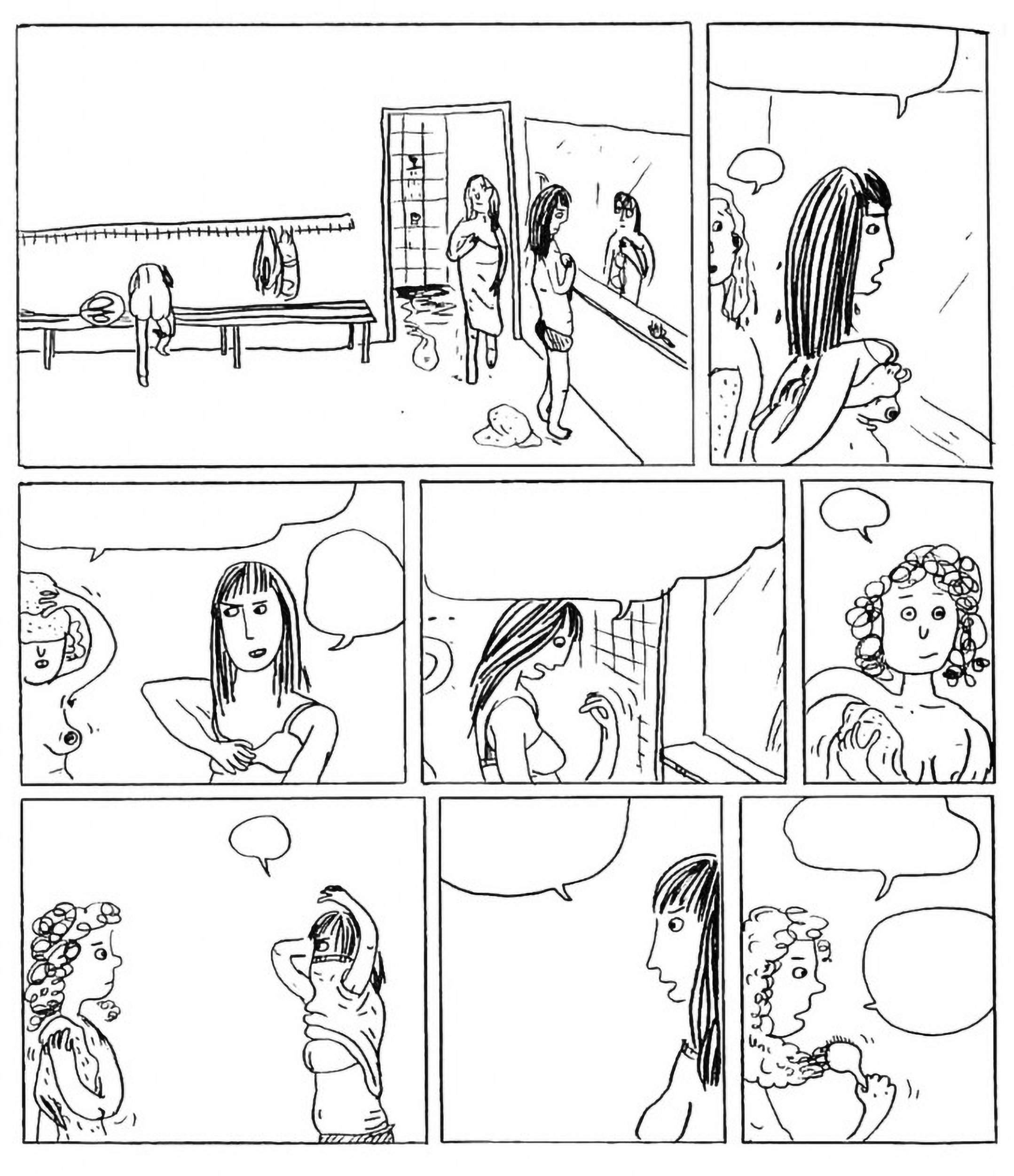 Utdrag fra tegneserien "Fallteknikk" av Inga Sætre (2011), uten verbaltekst.