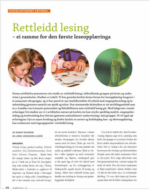 Forside til artikkelen «Rettleidd lesing – ei ramme for den første leseopplæringa» av Solheim & Aasen