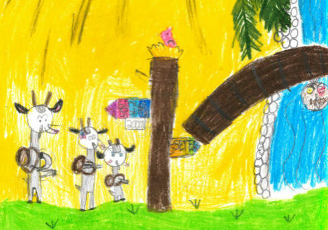 En elevs illustrasjon av eventyret «Bukkene Bruse»
